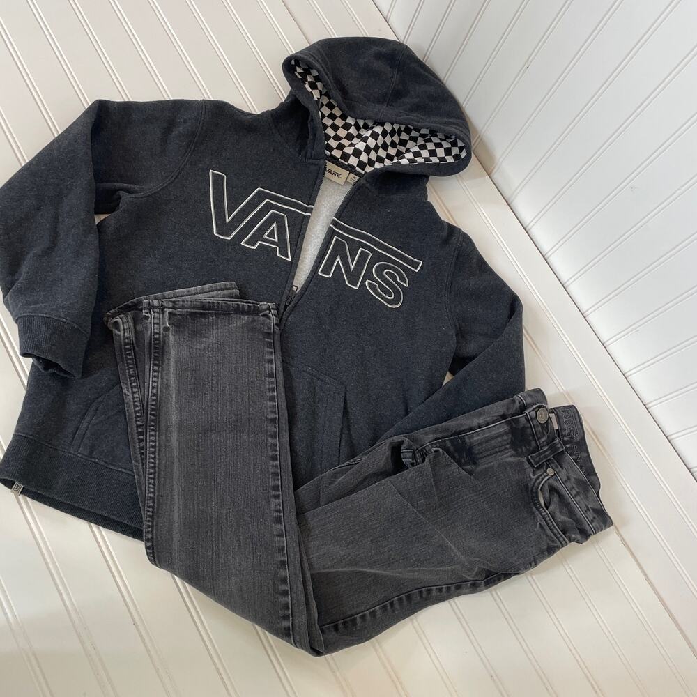 Vans Dark Grey Zip Hoodie Sweatshirt & Straight Leg Jeans Size Boys 12